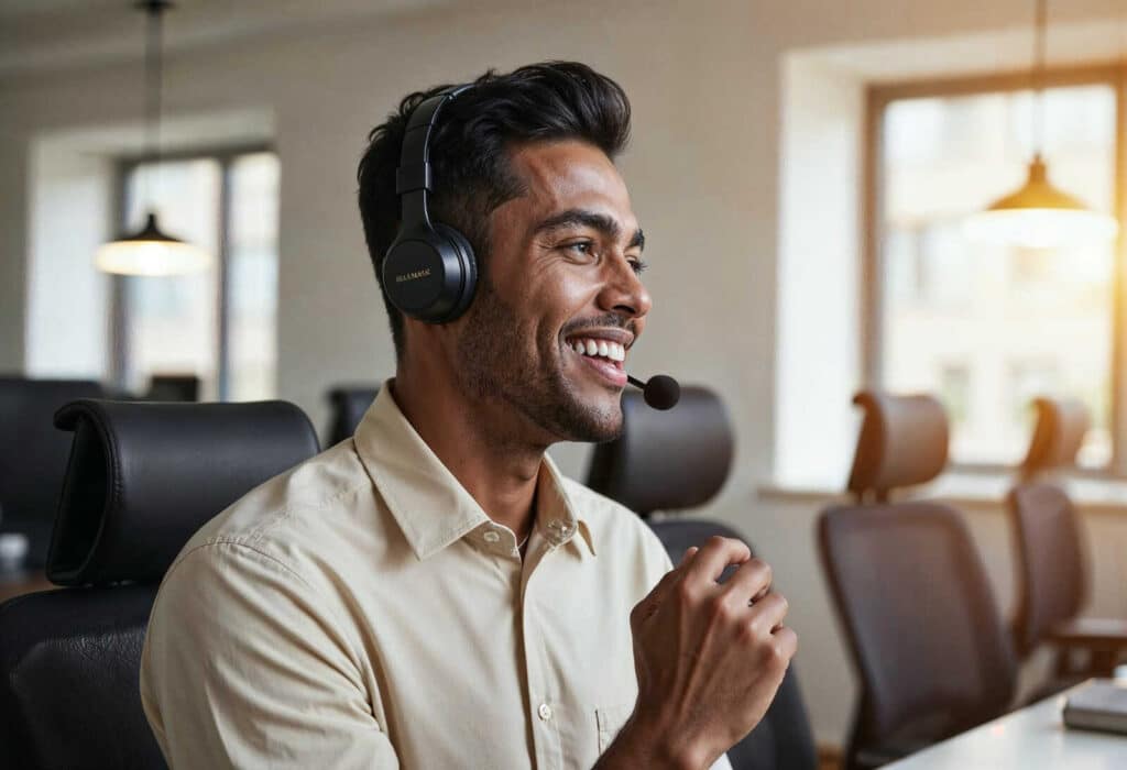 Atendente usando headset em operação de VoIP e PABX virtual moderno