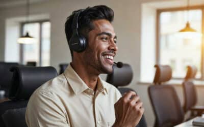 Atendimento empresarial com VoIP e PABX virtual Atendente usando headset em operação de VoIP e PABX virtual moderno