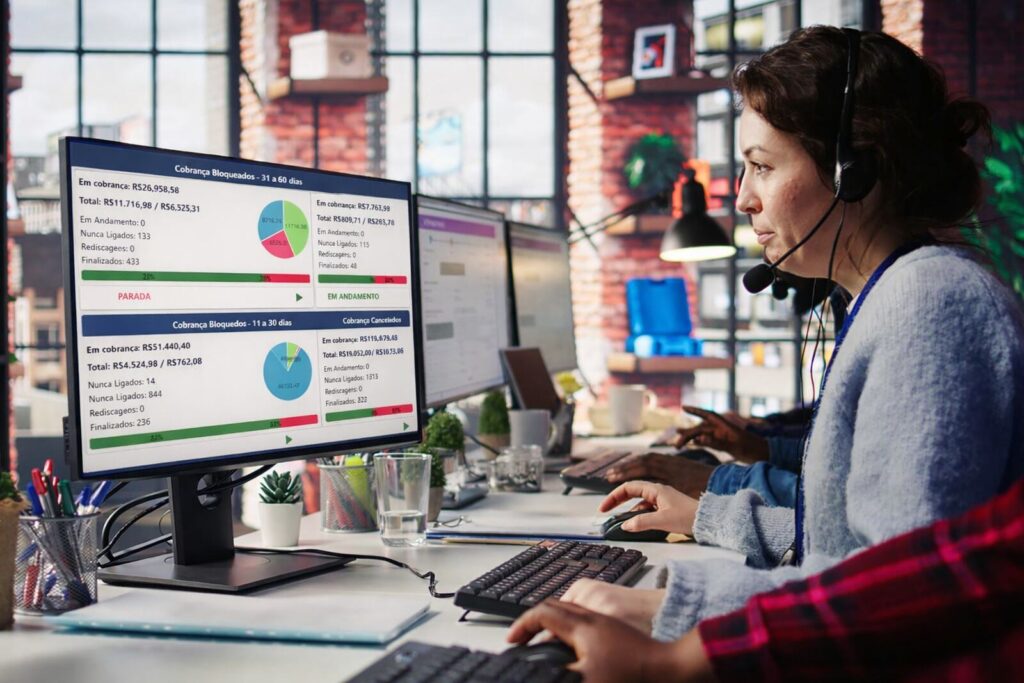 Painel de automação de cobrança com indicadores financeiros em tela
