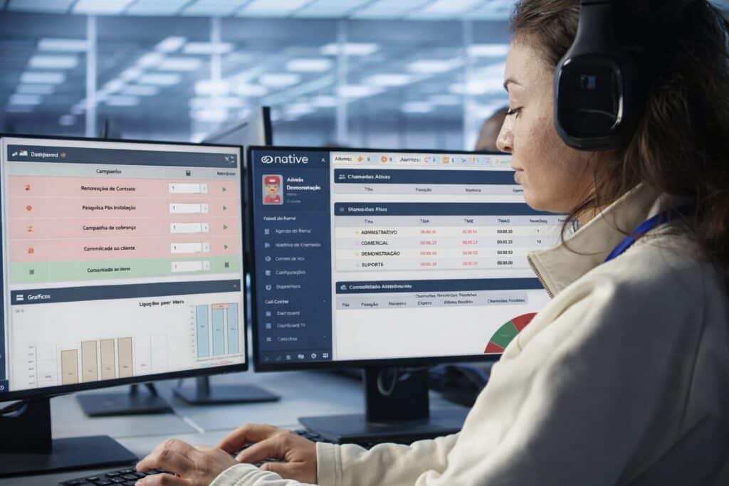 Operadora de contact center analisando dashboards de gestão comercial em dois monitores com relatórios de chamadas e desempenho.