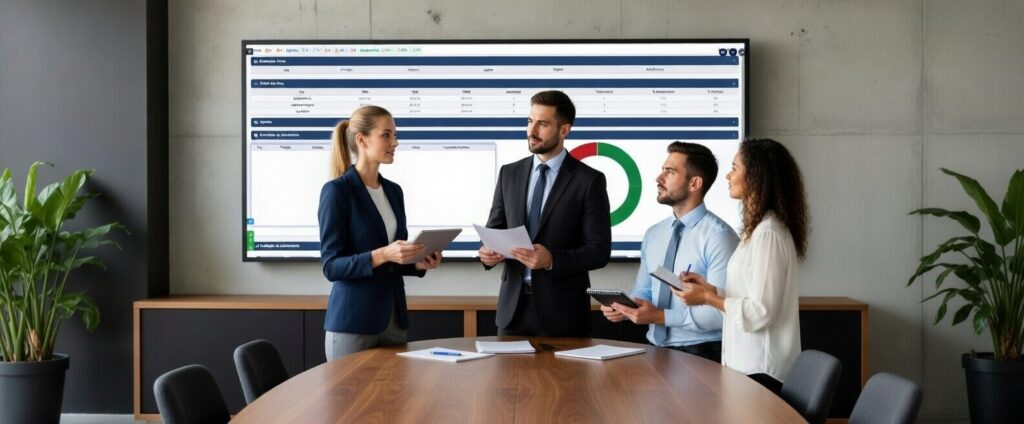 Equipe analisando métricas de TMR (tempo médio de resposta) em reunião estratégica