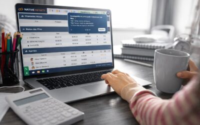 Central de atendimento sendo gerenciada em plataforma com indicadores e controle operacional