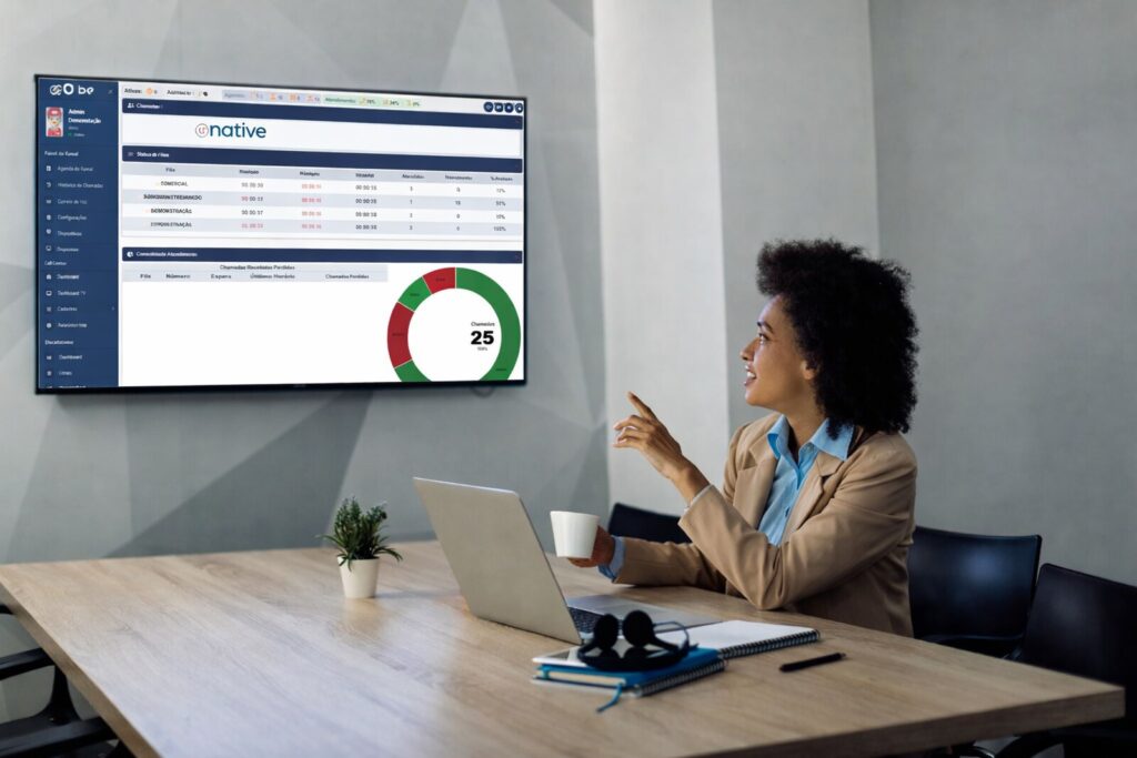 Relatório de atendimento em dashboard com métricas de call center e desempenho da equipe