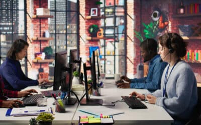 Equipe utilizando atendimento digital em operação integrada de suporte e atendimento ao cliente