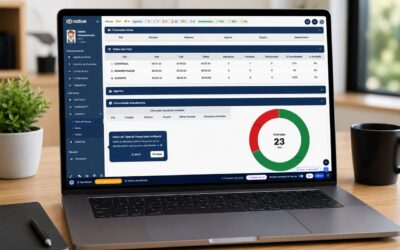 Dashboard de atendimento omnichannel relacionado à jornada do cliente em notebook corporativo