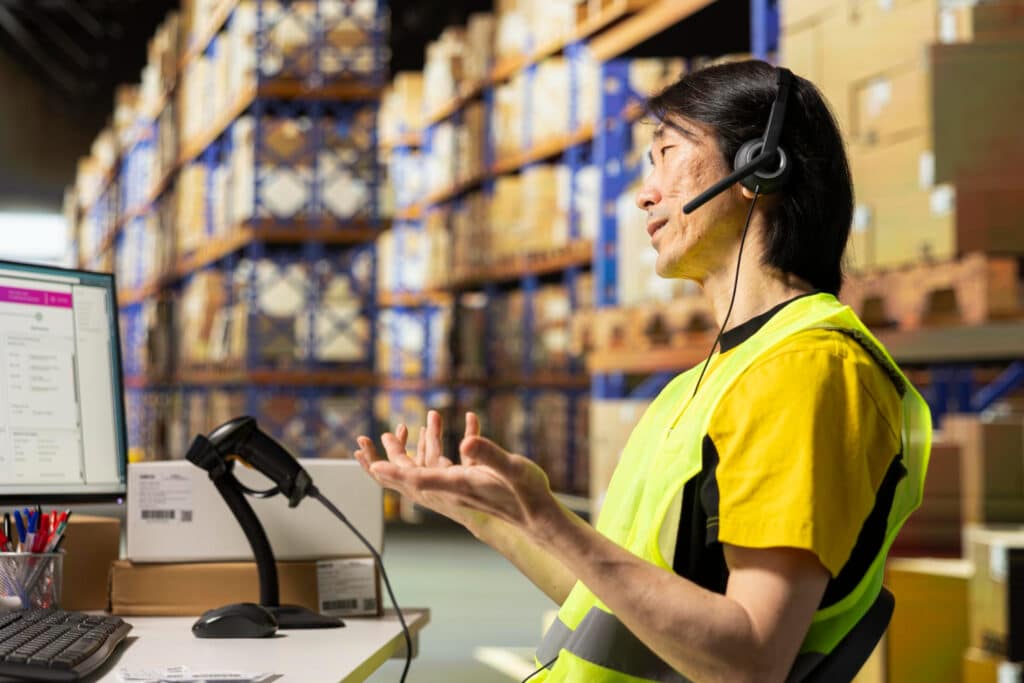 Profissional utilizando headset em operação logística durante processo de transformação digital no setor industrial