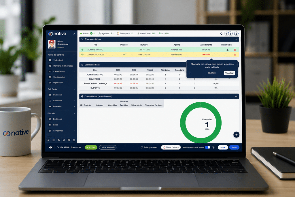 Dashboard de fila virtual com monitoramento de chamadas em tempo real para reduzir o abandono de chamadas e melhorar a experiência do usuário