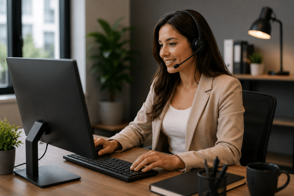 Profissional utilizando computador e headset durante uma estratégia de outbound com apoio de um discador automático em ambiente corporativo.