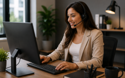 Profissional utilizando computador e headset durante uma estratégia de outbound com apoio de um discador automático em ambiente corporativo.
