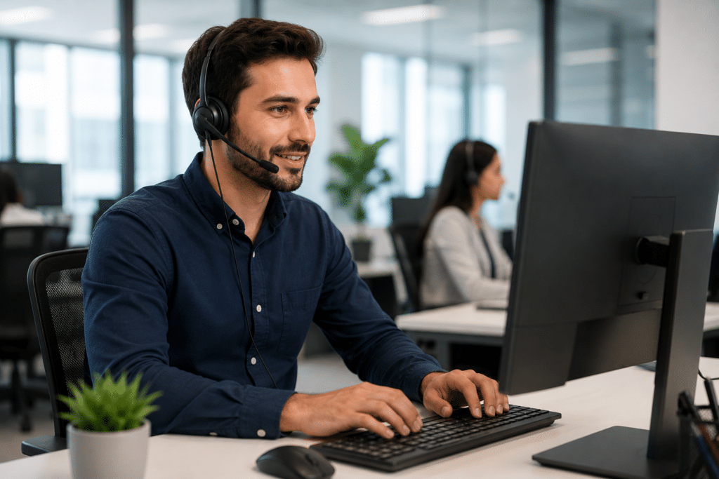 Profissional de call center utilizando computador e headset em operação de telefonia corporativa com foco em STIR/SHAKEN.