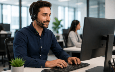 STIR/SHAKEN na telefonia corporativa Profissional de call center utilizando computador e headset em operação de telefonia corporativa com foco em STIR/SHAKEN.