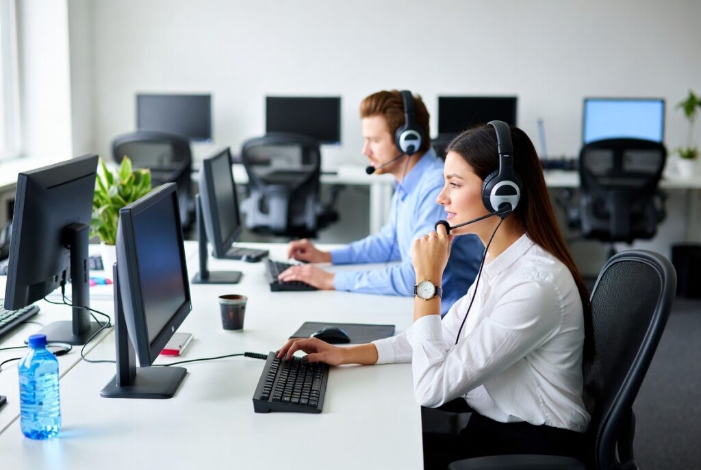Equipe realizando atendimento para gestão de carteira de clientes com comunicação centralizada e uso de headset em ambiente corporativo.