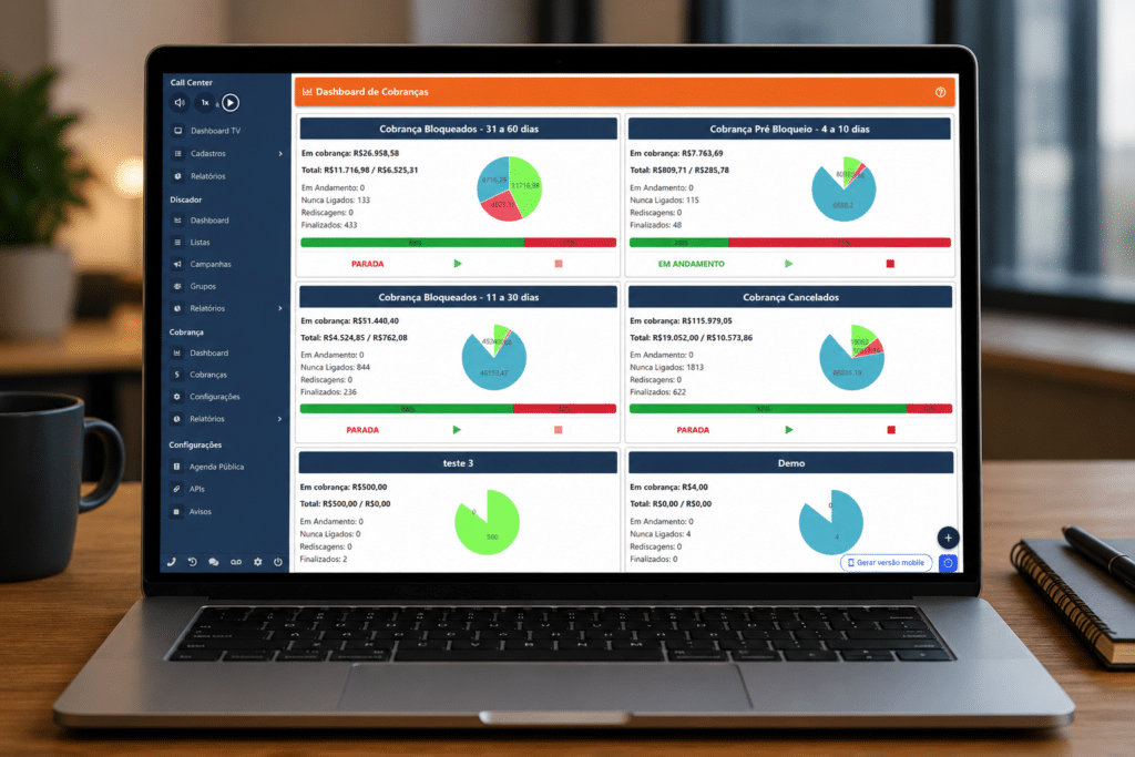 Dashboard de cobrança digital em notebook mostrando indicadores de recuperação de crédito, inadimplência e automação integrada ao ERP.