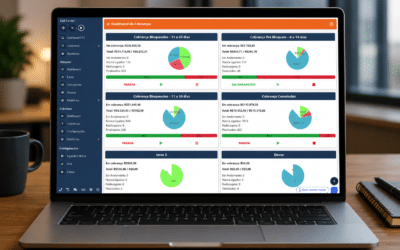 Cobrança digital com dashboard do Módulo de Cobrança Native Dashboard de cobrança digital em notebook mostrando indicadores de recuperação de crédito, inadimplência e automação integrada ao ERP.