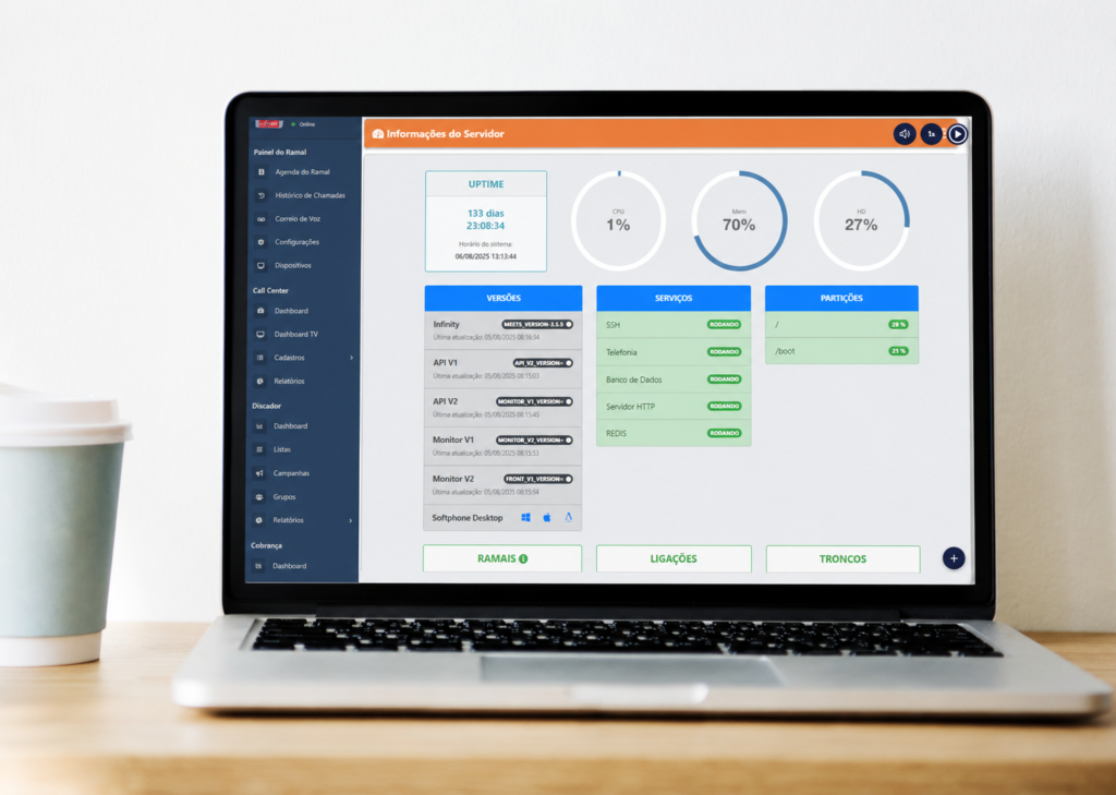 Tela de uma plataforma UCaaS unificando voz, WhatsApp e atendimento em uma única interface para gestão da comunicação empresarial.