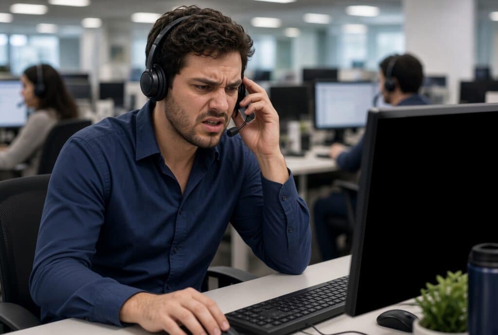 Atendimento ruim em central de suporte telefônico com operador enfrentando dificuldades durante uma chamada