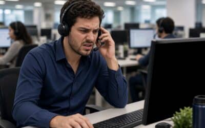 Atendimento ruim em central de suporte telefônico com operador enfrentando dificuldades durante uma chamada