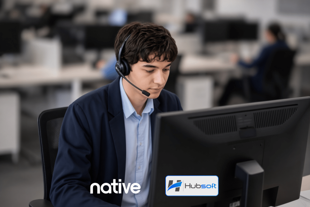 Logos da Hubsoft e da Native lado a lado, representando a integração entre ERP e plataforma de comunicação para provedores de internet.