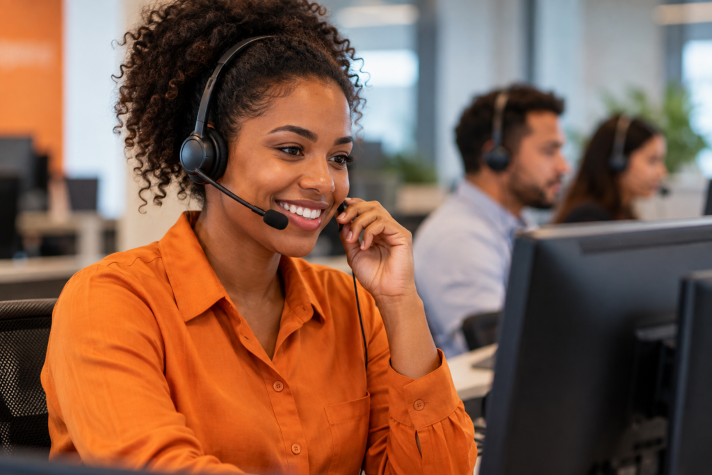 Mulher atendendo cliente em call center com discador automático para aumentar a taxa de contato.