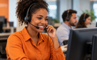 Taxa de contato em campanhas com discador automático Mulher atendendo cliente em call center com discador automático para aumentar a taxa de contato.