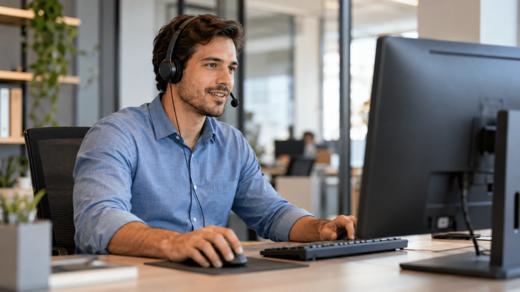 Vendedor usando headset diante de um computador em uma operação de gestão de leads por telefone.