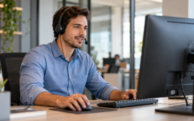 Vendedor usando headset diante de um computador em uma operação de gestão de leads por telefone.
