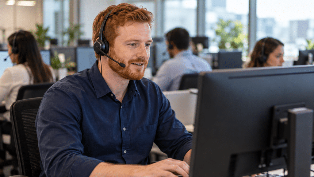 Homem ruivo com headset atendendo em um call center, ilustrando o atendimento ao cliente na gestão do MRR.