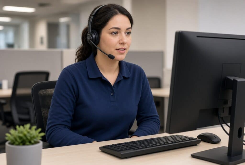 Profissional utilizando PABX em ligação com perguntas abertas em vendas B2B