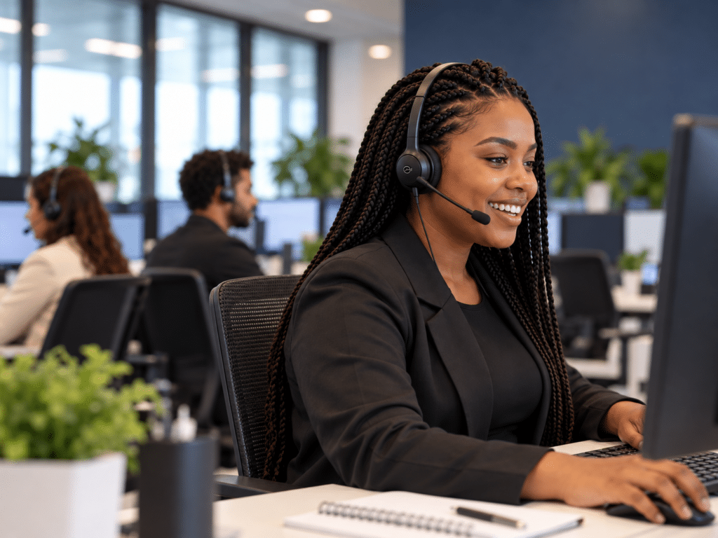 Profissional de televendas usando headset para aumentar o ticket médio em uma operação de vendas.