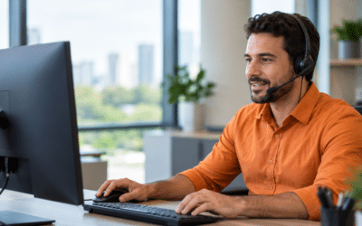 Scripts de vendas B2B para provedores de internet Vendedor de camisa laranja e headset diante do computador, ilustrando scripts de vendas na prospecção por telefone.