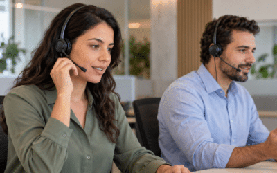 Dois profissionais com headsets em um call center, ilustrando o atendimento que apoia a tomada de decisão do cliente.